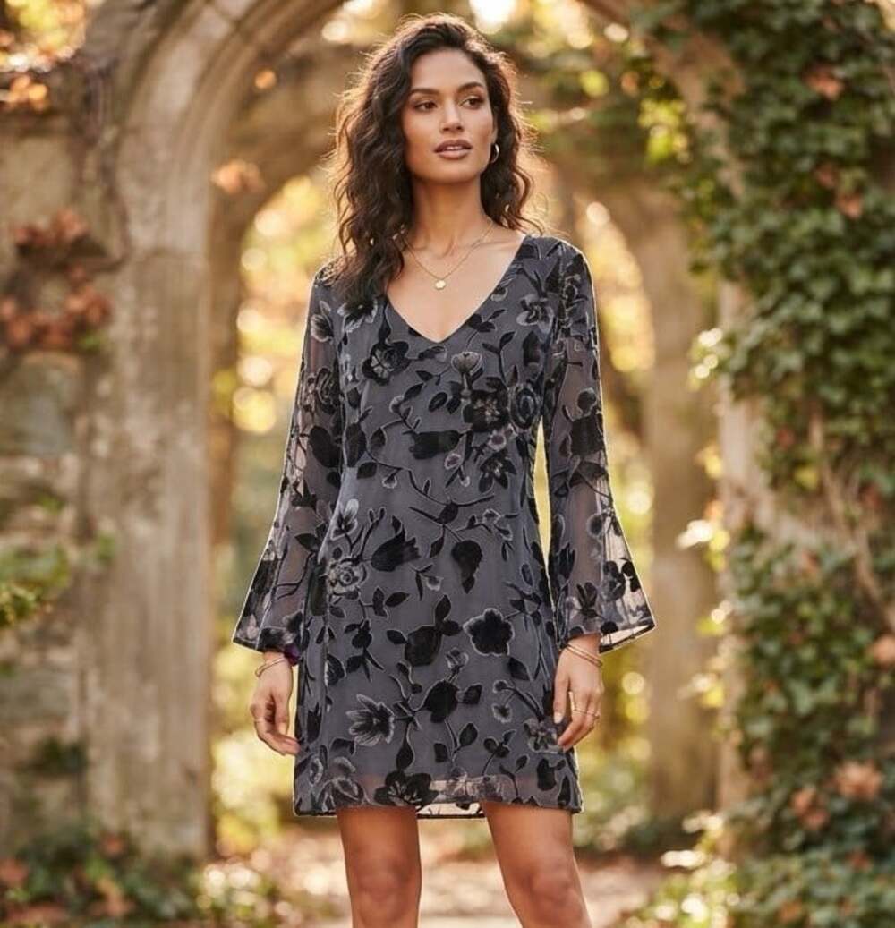 Dark Blue Velvet Burnout sz M Whimsigoth Sheer Long Sleeve Mini Fairy Dress